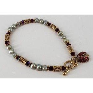 Artisan Hand Made Real Fresh Water Pearls & Crystal Bracelet with Ladybug Charm